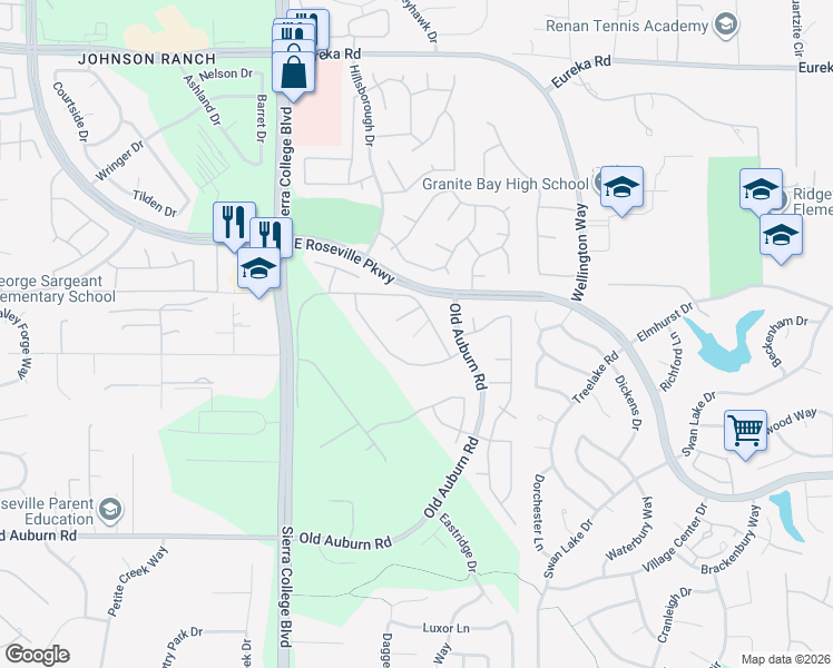 map of restaurants, bars, coffee shops, grocery stores, and more near 6041 Lockridge Drive in Granite Bay
