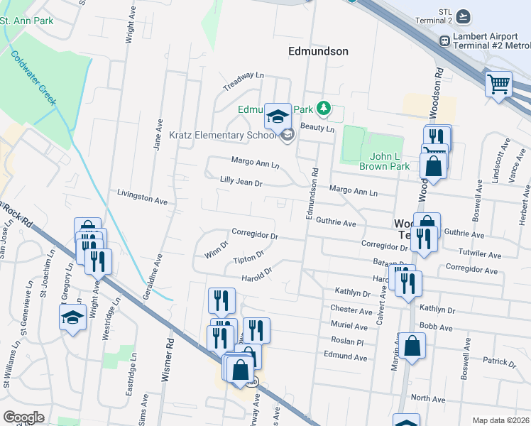 map of restaurants, bars, coffee shops, grocery stores, and more near 9715 Guthrie Avenue in St. Louis