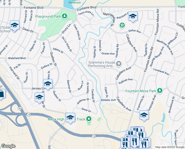 map of restaurants, bars, coffee shops, grocery stores, and more near 7131 Metropolitan Street in Colorado Springs