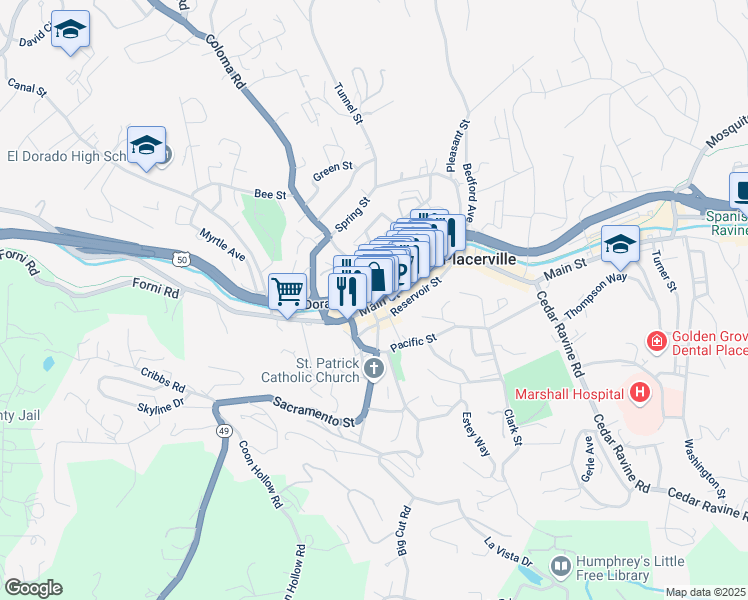 map of restaurants, bars, coffee shops, grocery stores, and more near 301 Main Street in Placerville
