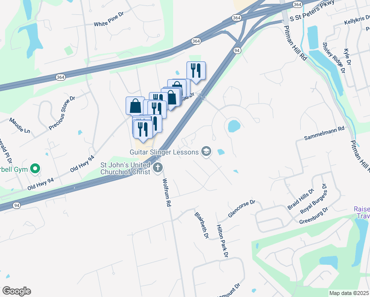 map of restaurants, bars, coffee shops, grocery stores, and more near 4223 Capri Way in St. Peters