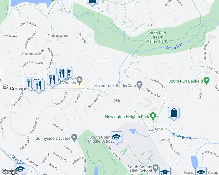 map of restaurants, bars, coffee shops, grocery stores, and more near 8410 Cacapon Court in Lorton