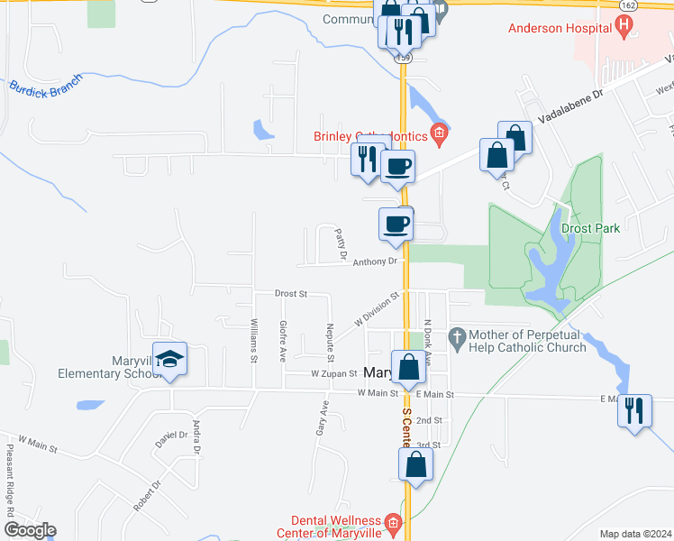 map of restaurants, bars, coffee shops, grocery stores, and more near 309 Anthony Drive in Maryville