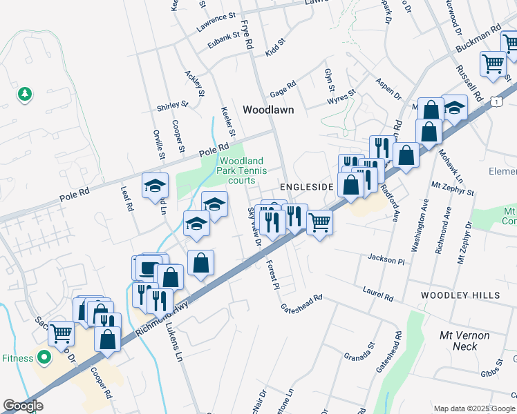 map of restaurants, bars, coffee shops, grocery stores, and more near 8419 Sky View Drive in Alexandria