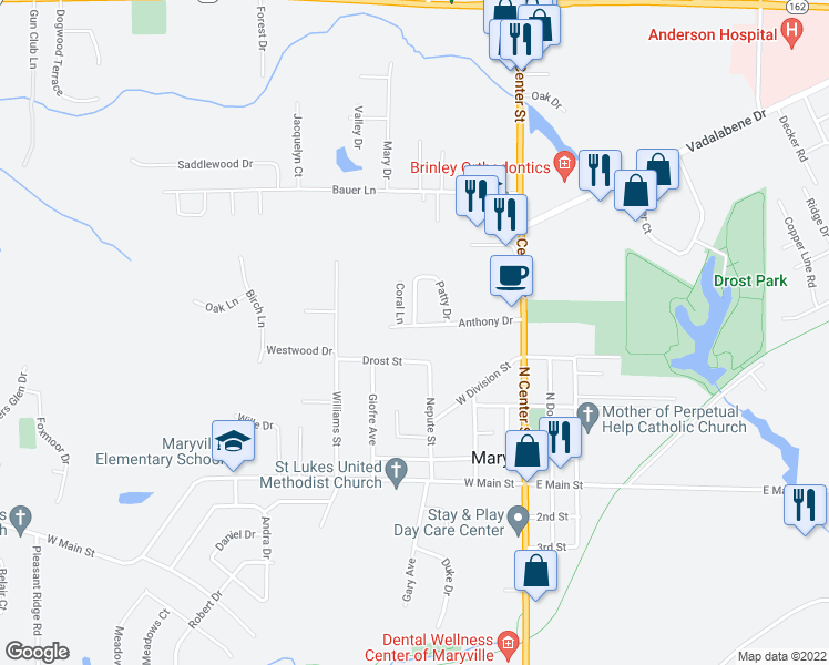 map of restaurants, bars, coffee shops, grocery stores, and more near 405 Anthony Drive in Maryville