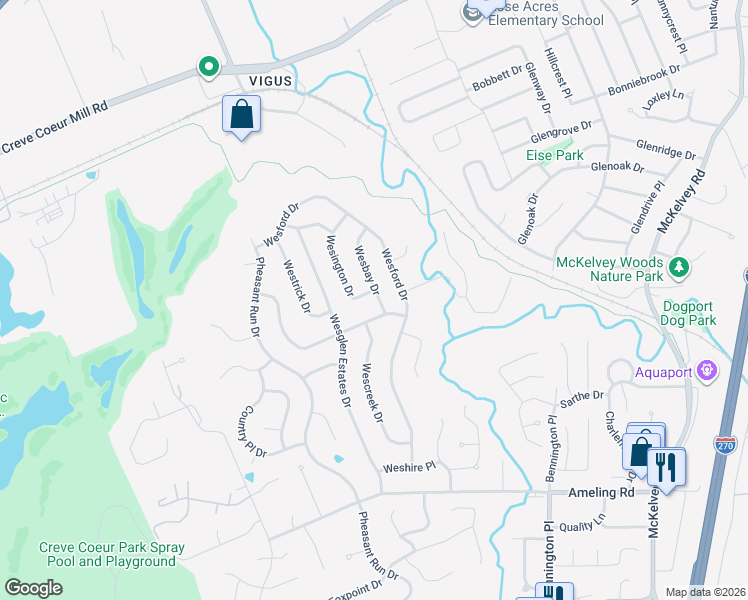 map of restaurants, bars, coffee shops, grocery stores, and more near 2415 Wesbay Drive in Maryland Heights