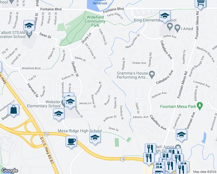 map of restaurants, bars, coffee shops, grocery stores, and more near 504 Rowe Lane in Colorado Springs