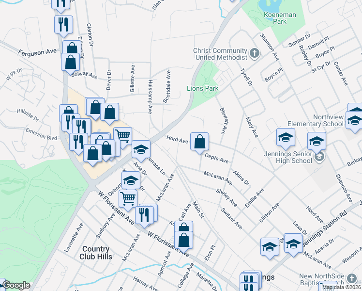 map of restaurants, bars, coffee shops, grocery stores, and more near 2634 Hord Avenue in Jennings