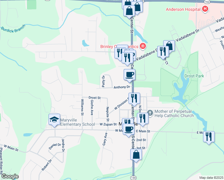 map of restaurants, bars, coffee shops, grocery stores, and more near 305 Anthony Drive in Maryville