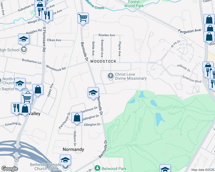map of restaurants, bars, coffee shops, grocery stores, and more near 7598 Blanding Drive in Ferguson