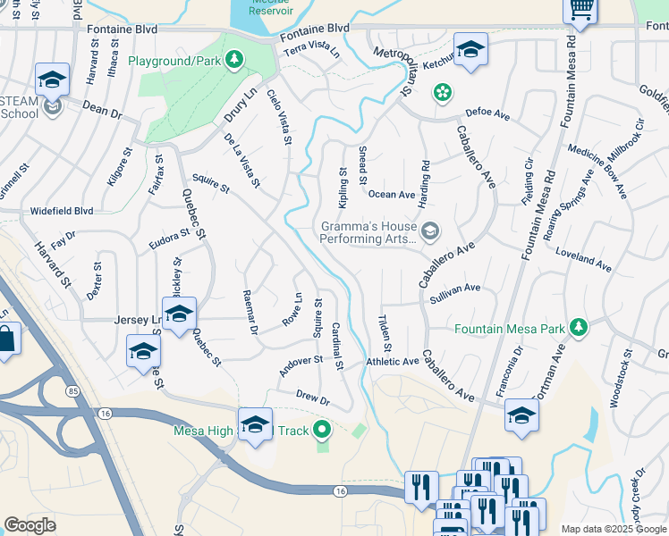 map of restaurants, bars, coffee shops, grocery stores, and more near 7131 Metropolitan Street in Colorado Springs
