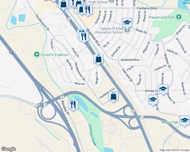 map of restaurants, bars, coffee shops, grocery stores, and more near 7120 Alegre Circle in Fountain