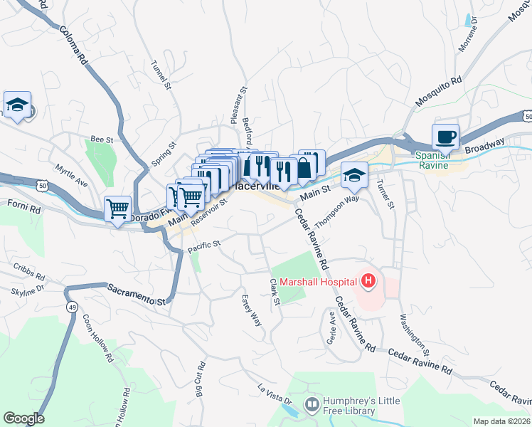 map of restaurants, bars, coffee shops, grocery stores, and more near 996 Crescent Street in Placerville