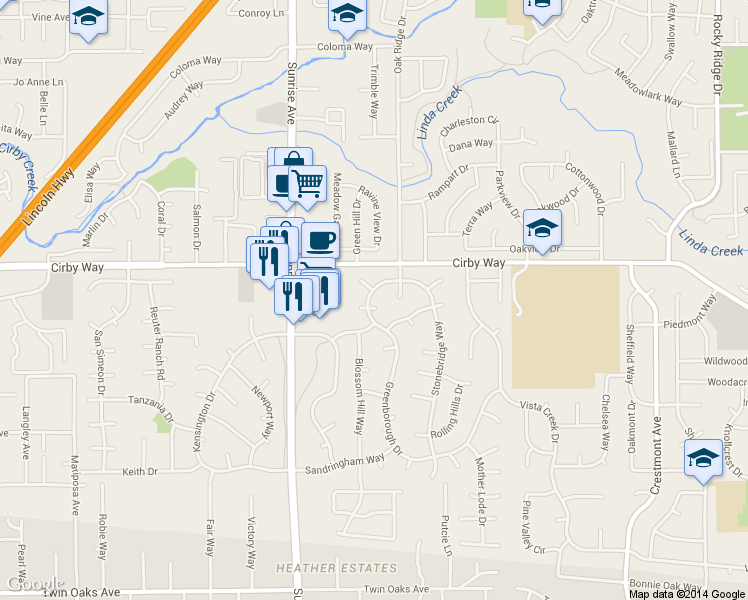map of restaurants, bars, coffee shops, grocery stores, and more near 1200 Harvard Court in Roseville