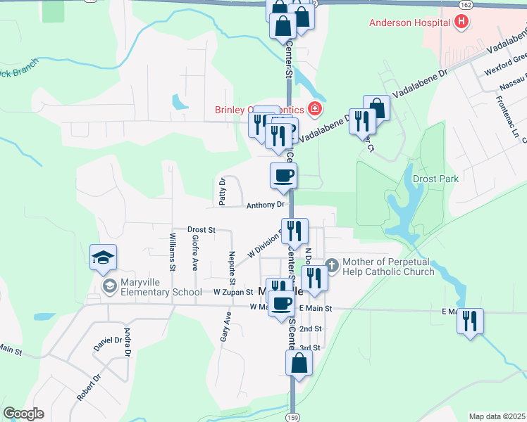 map of restaurants, bars, coffee shops, grocery stores, and more near 201 Anthony Drive in Maryville