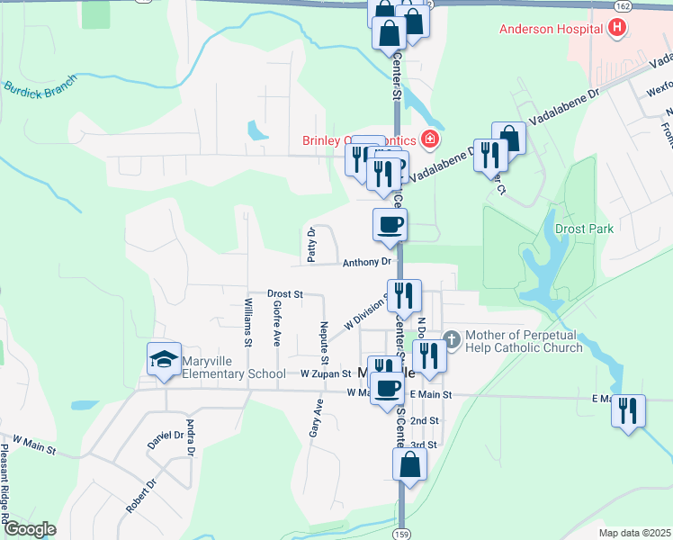 map of restaurants, bars, coffee shops, grocery stores, and more near 305 Anthony Drive in Maryville