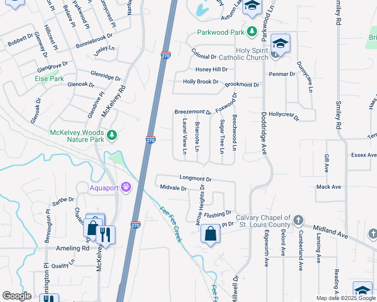 map of restaurants, bars, coffee shops, grocery stores, and more near 2824 Laurel View Lane in Maryland Heights