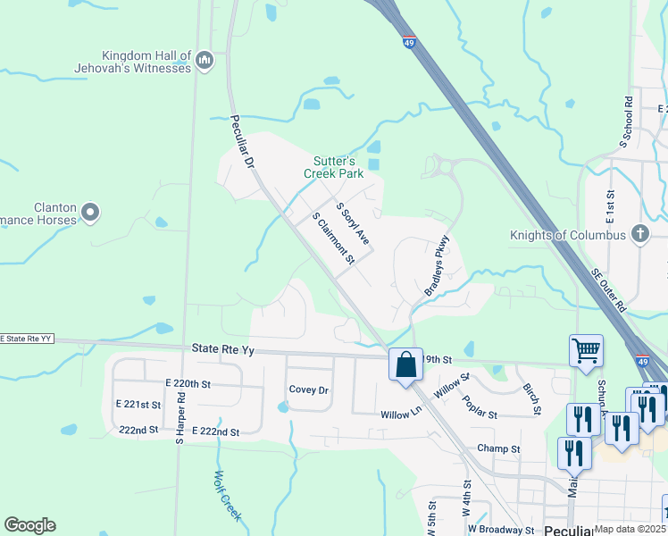 map of restaurants, bars, coffee shops, grocery stores, and more near 21700 South Clairmont Street in Peculiar