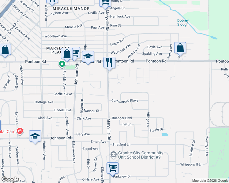 map of restaurants, bars, coffee shops, grocery stores, and more near 3908 Maryville Road in Granite City