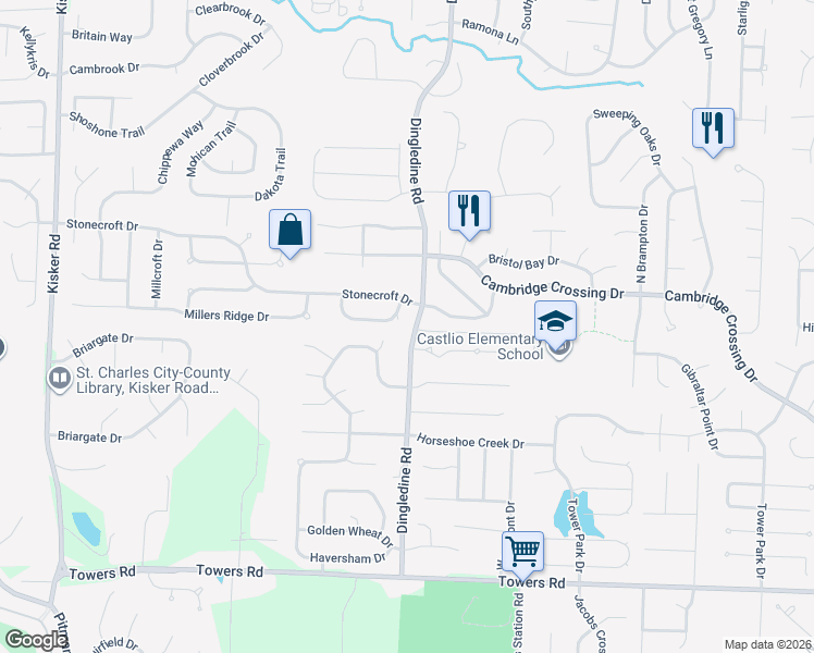 map of restaurants, bars, coffee shops, grocery stores, and more near 1110 Manor Cove Drive in Saint Charles