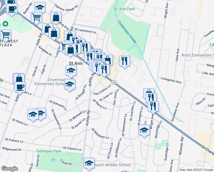 map of restaurants, bars, coffee shops, grocery stores, and more near 10419 San Carlos Lane in Saint Ann
