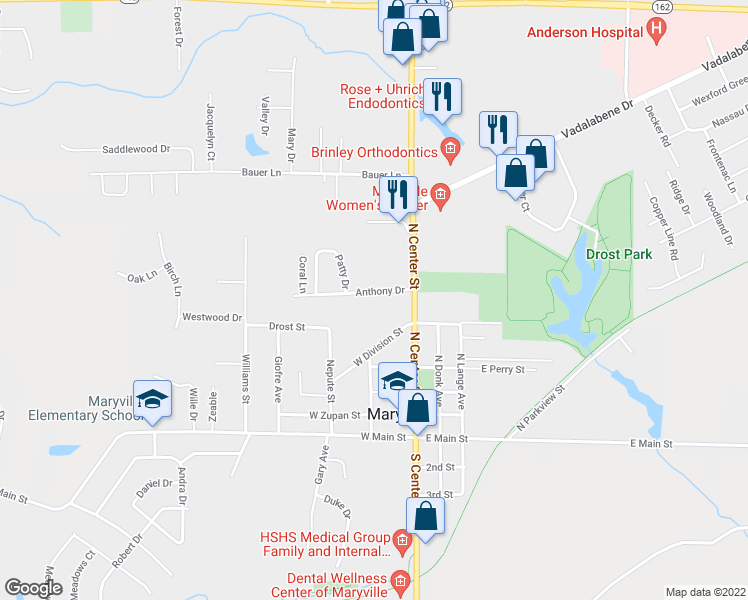 map of restaurants, bars, coffee shops, grocery stores, and more near 205 Anthony Drive in Maryville