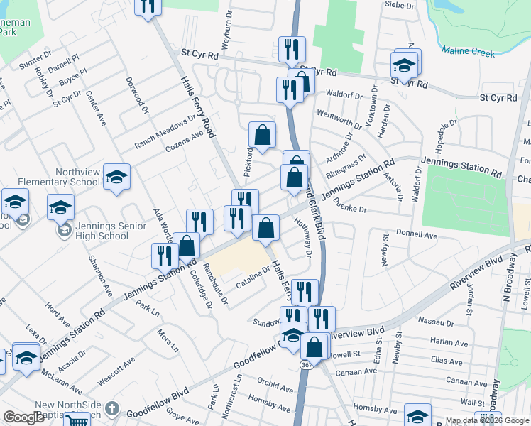 map of restaurants, bars, coffee shops, grocery stores, and more near 9412 Bluegrass Drive in Jennings