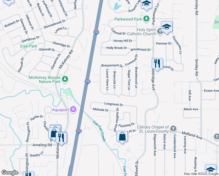 map of restaurants, bars, coffee shops, grocery stores, and more near 2824 Laurel View Lane in Maryland Heights