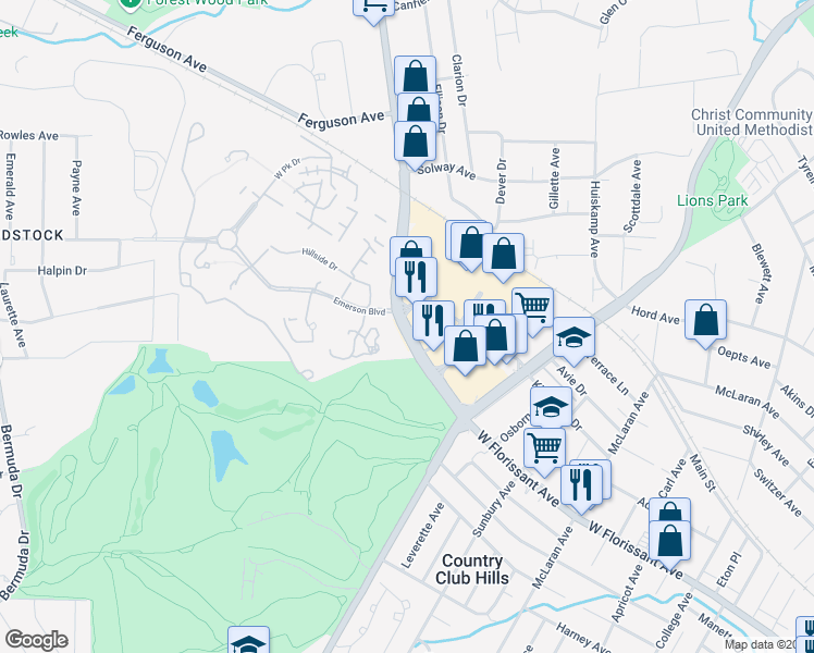 map of restaurants, bars, coffee shops, grocery stores, and more near 8029 West Florissant Avenue in St. Louis