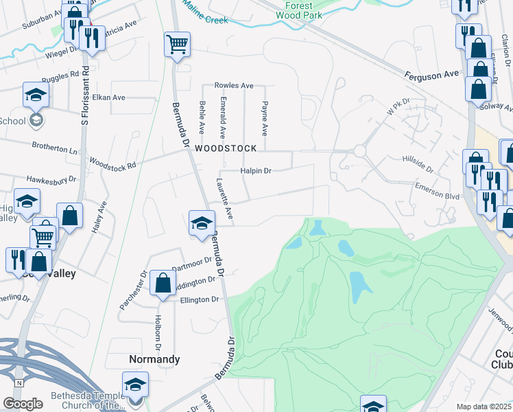 map of restaurants, bars, coffee shops, grocery stores, and more near 7516 Blanding Drive in Ferguson