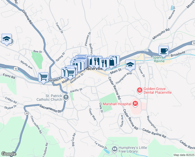 map of restaurants, bars, coffee shops, grocery stores, and more near 996 Crescent Street in Placerville