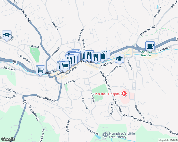 map of restaurants, bars, coffee shops, grocery stores, and more near 996 Crescent Street in Placerville