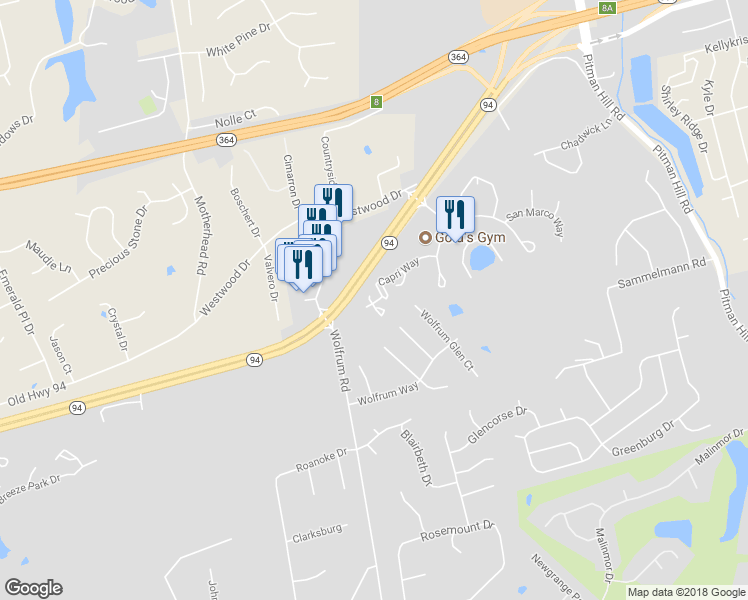 map of restaurants, bars, coffee shops, grocery stores, and more near 4112 Capri Way in Saint Peters