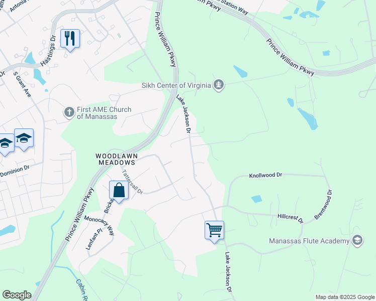 map of restaurants, bars, coffee shops, grocery stores, and more near 10336 Lake Jackson Drive in Manassas
