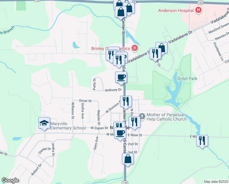 map of restaurants, bars, coffee shops, grocery stores, and more near 201 Anthony Drive in Maryville