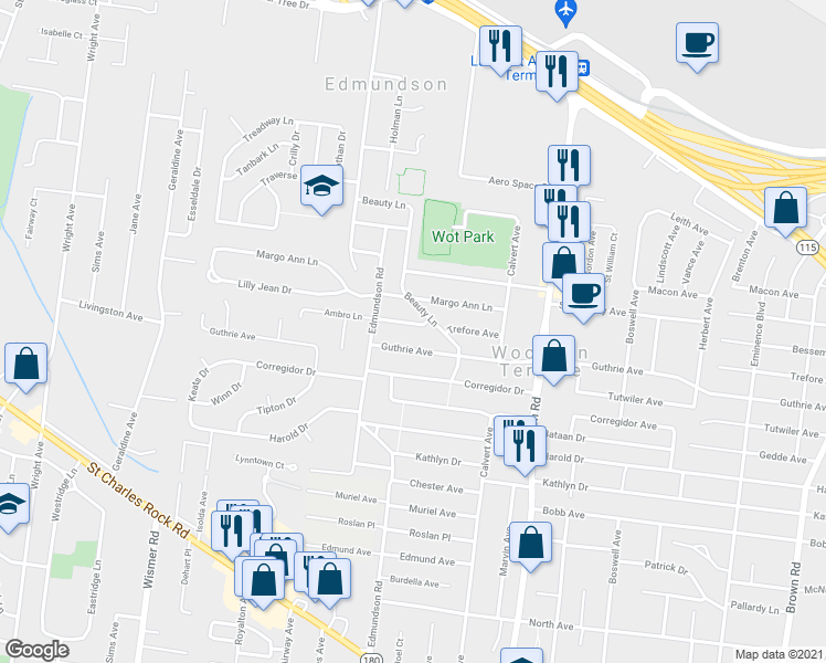 map of restaurants, bars, coffee shops, grocery stores, and more near 9514 Trefore Avenue in St. Louis