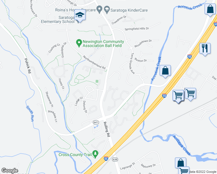 map of restaurants, bars, coffee shops, grocery stores, and more near 8474 Blue Oak Court in Springfield