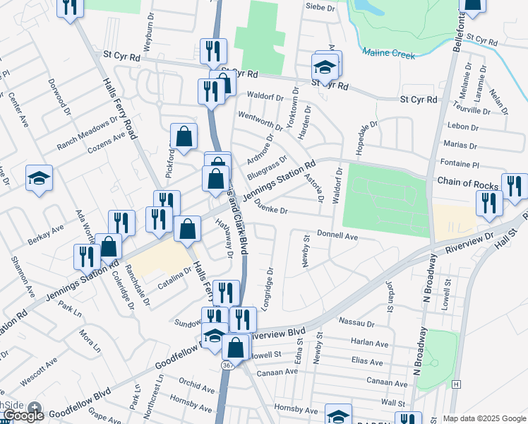 map of restaurants, bars, coffee shops, grocery stores, and more near 1236 Duenke Drive in St. Louis