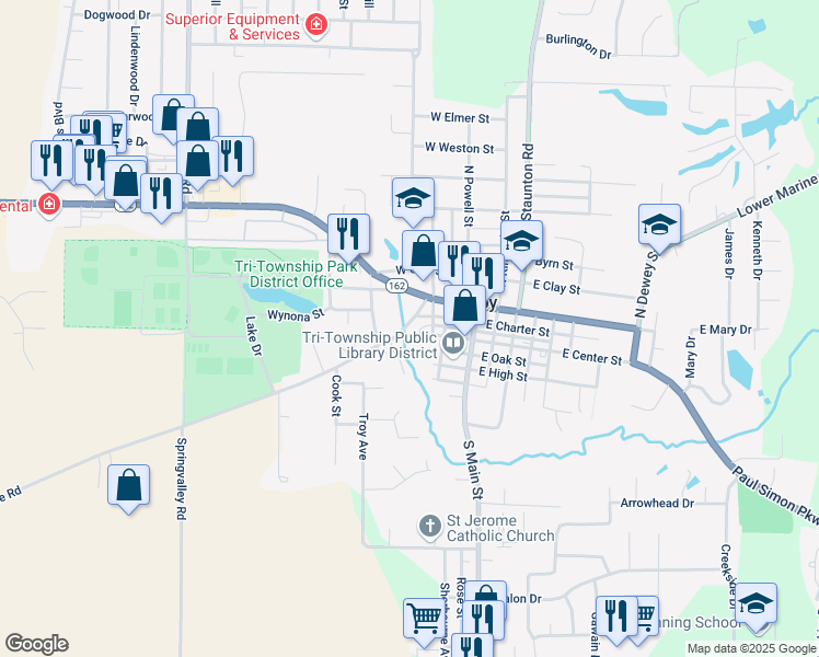 map of restaurants, bars, coffee shops, grocery stores, and more near 120 Collinsville Road in Troy