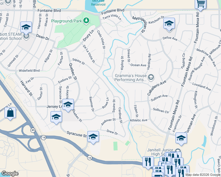 map of restaurants, bars, coffee shops, grocery stores, and more near 644 Squire Street in Colorado Springs