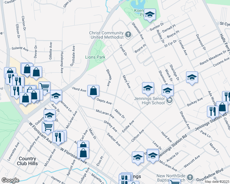 map of restaurants, bars, coffee shops, grocery stores, and more near 2503 Hord Avenue in Jennings