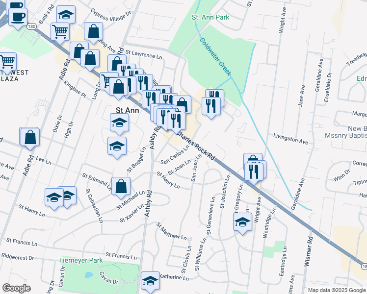 map of restaurants, bars, coffee shops, grocery stores, and more near 10411 San Carlos Lane in Saint Ann