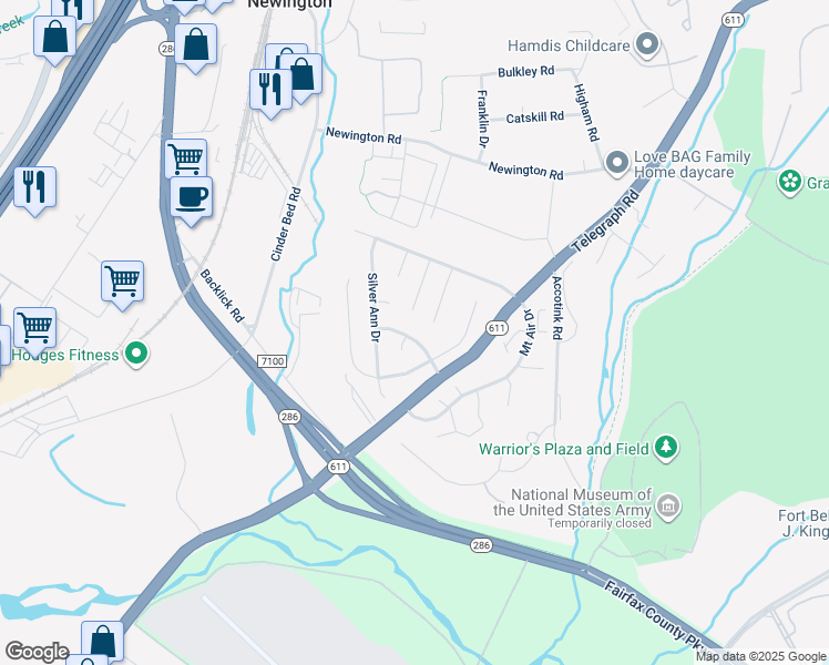 map of restaurants, bars, coffee shops, grocery stores, and more near 8310 Graceway Drive in Lorton