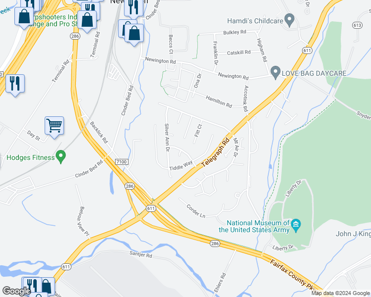 map of restaurants, bars, coffee shops, grocery stores, and more near 8310 Graceway Drive in Lorton