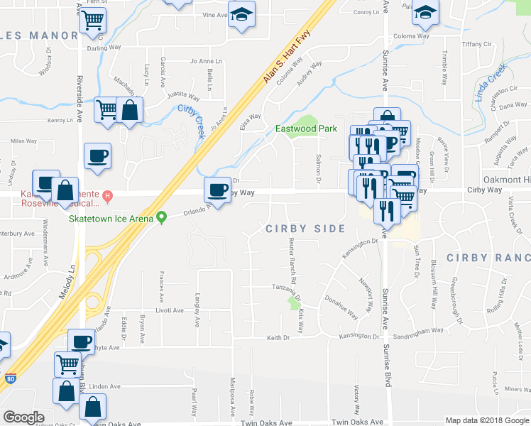 map of restaurants, bars, coffee shops, grocery stores, and more near 1205 San Simeon Drive in Roseville