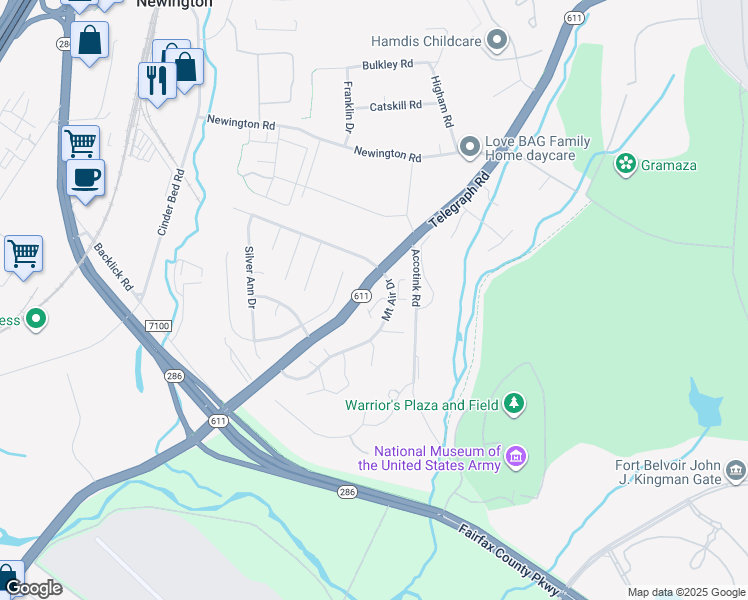 map of restaurants, bars, coffee shops, grocery stores, and more near 6742 Cardinal Woods Court in Lorton