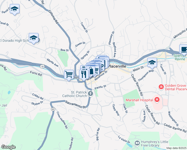 map of restaurants, bars, coffee shops, grocery stores, and more near 301 Main Street in Placerville