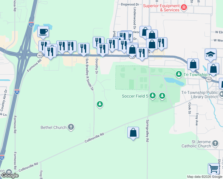 map of restaurants, bars, coffee shops, grocery stores, and more near 2042 Serenade Lane in Troy