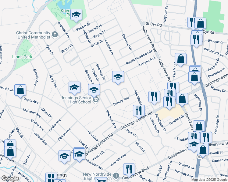 map of restaurants, bars, coffee shops, grocery stores, and more near 2330 Fairy Bell Drive in Jennings