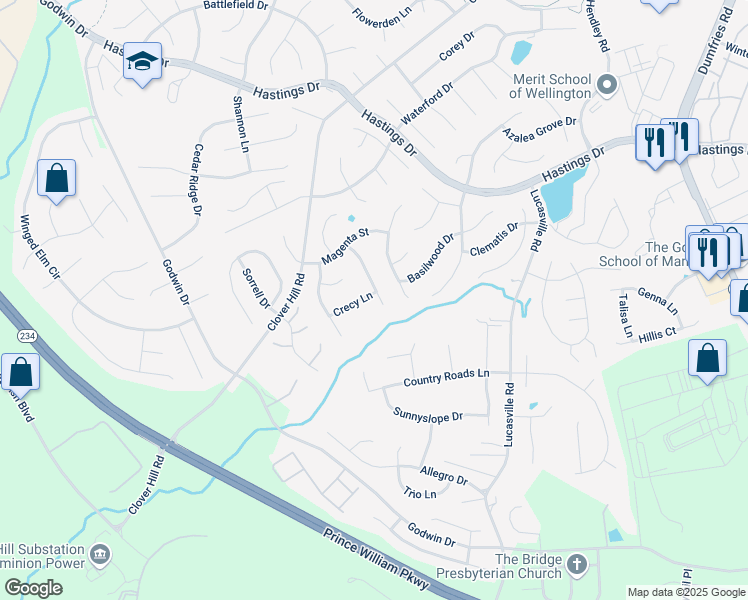 map of restaurants, bars, coffee shops, grocery stores, and more near 9657 Crecy Lane in Manassas